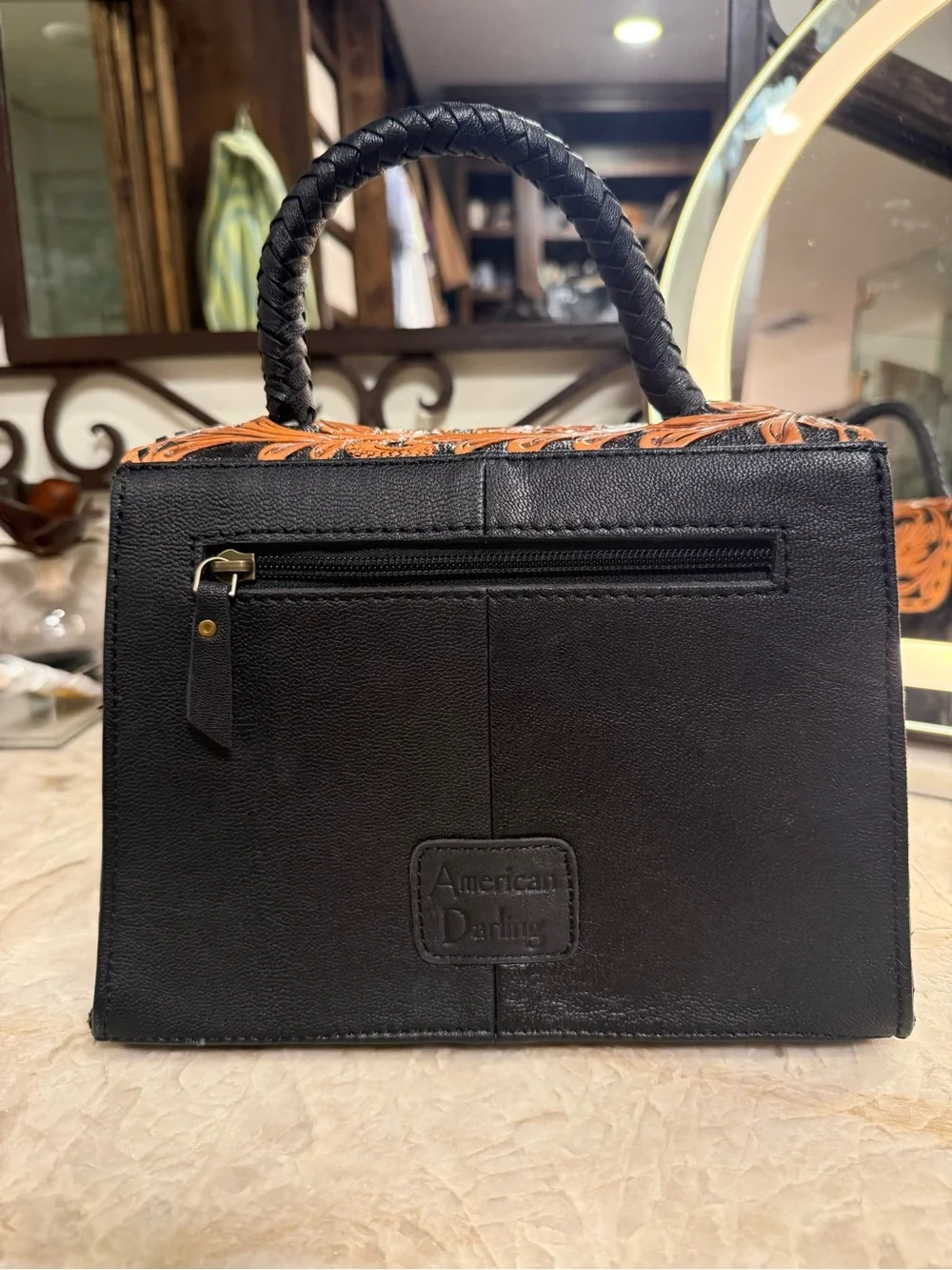 American Darling Black Satchel with Tan Floral Tooled Flap